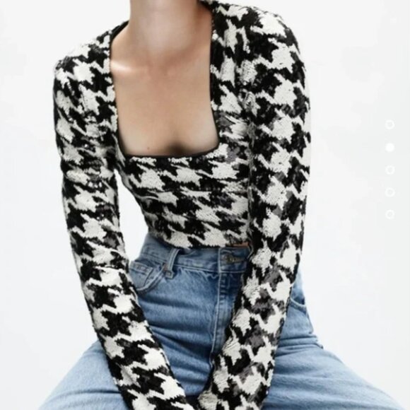 Zara Black & White Sequin Houndstooth Top & Skirt Set - Picture 4 of 5